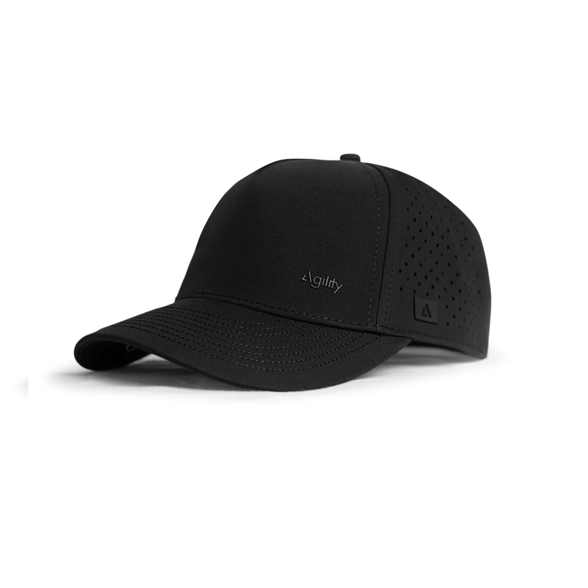 Black Balance Performance Cap side profile - adjustable snapback closure and breathable mesh panels