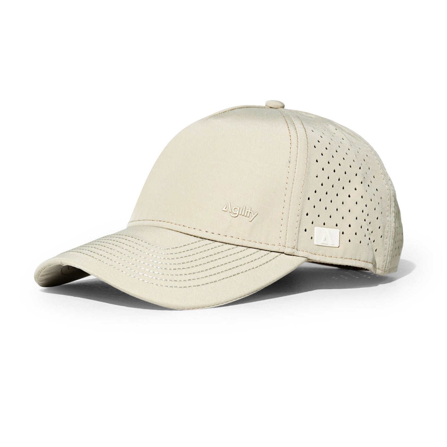 Beige Balance Performance Cap angled side view - adjustable snapback closure and breathable design