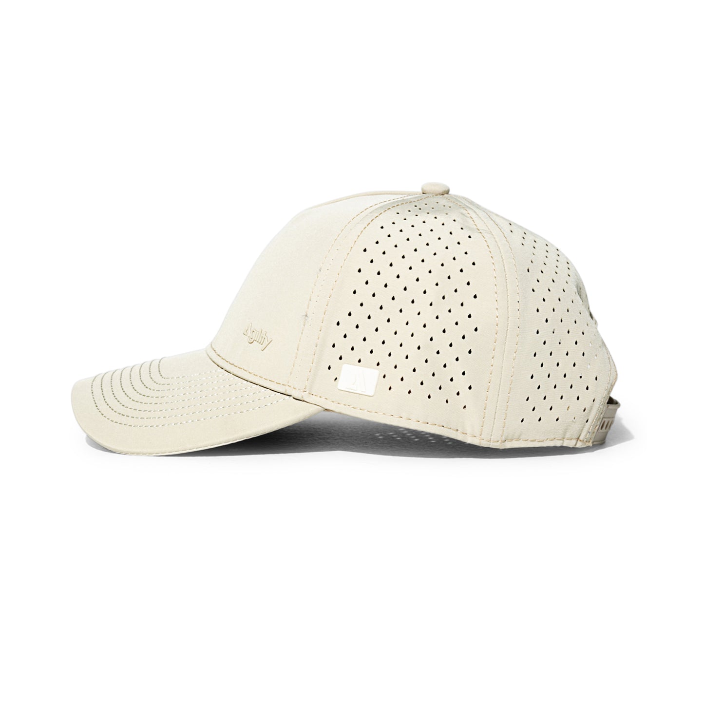 Beige Balance Performance Cap side profile - structured crown and mesh ventilation panels