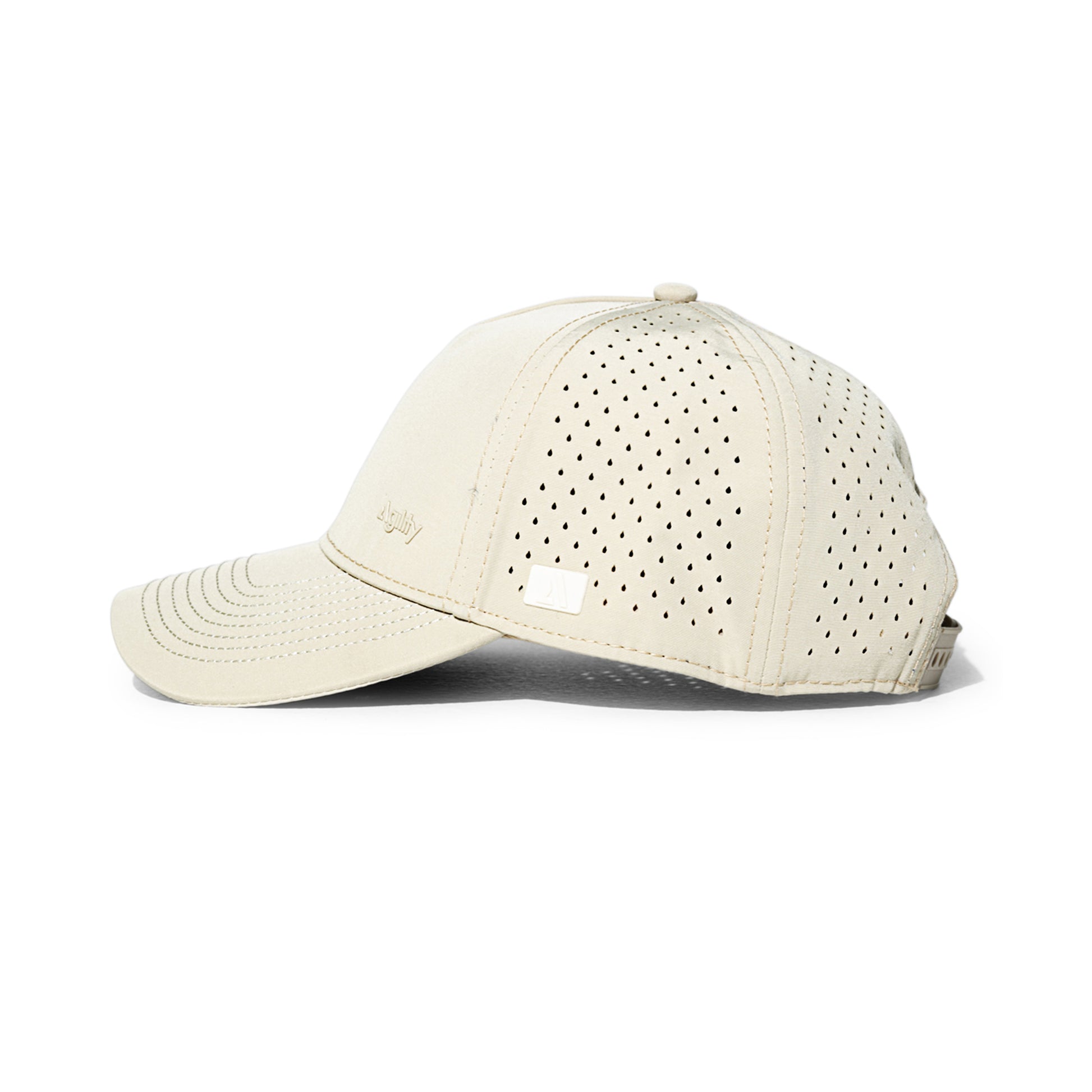 Beige Balance Performance Cap side profile - structured crown and mesh ventilation panels