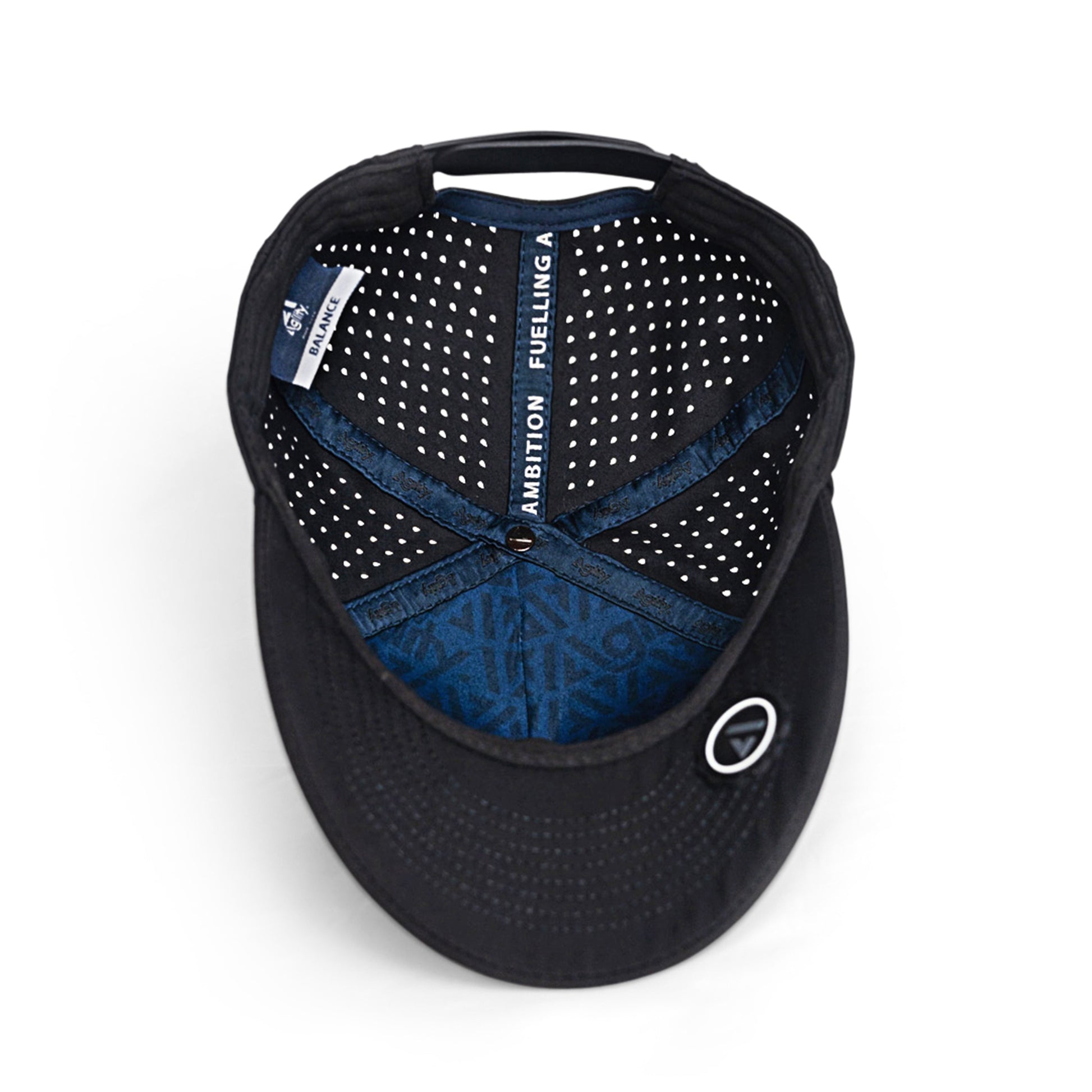 Black Balance Performance Cap detail shot - quick-dry performance fabric and UV protection