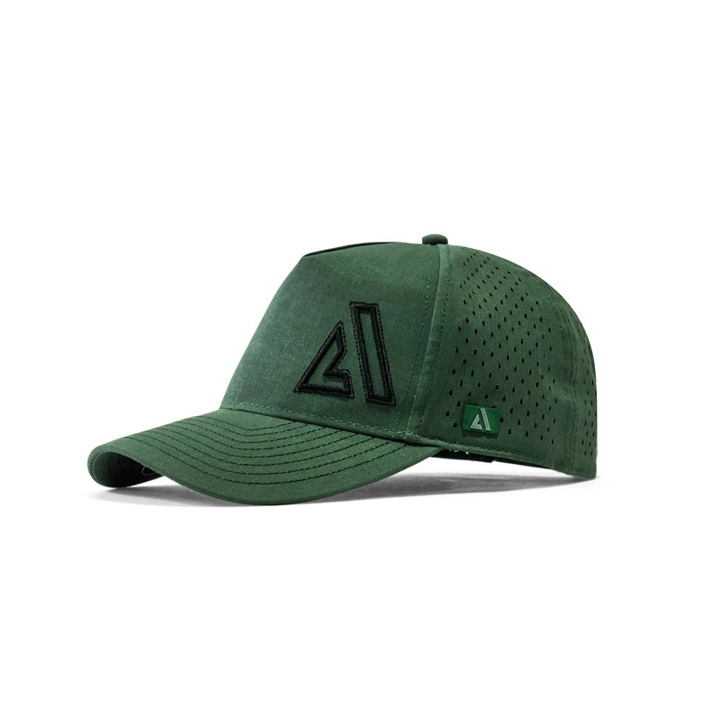 Deep Forest Green Cruz Performance Cap side profile - adjustable snapback closure and breathable mesh panels