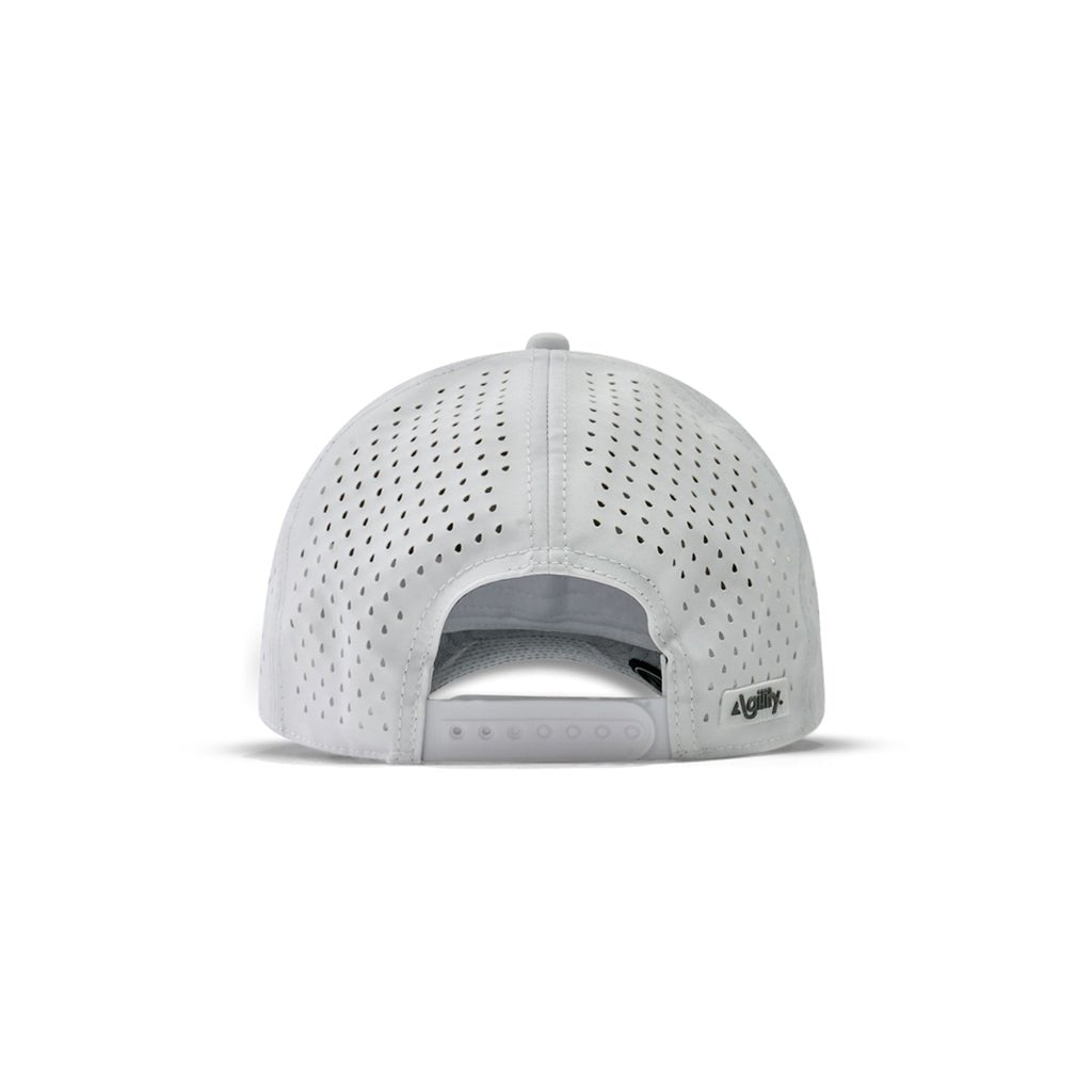 White Pursue Performance Cap back view - snapback adjustment and structured crown design