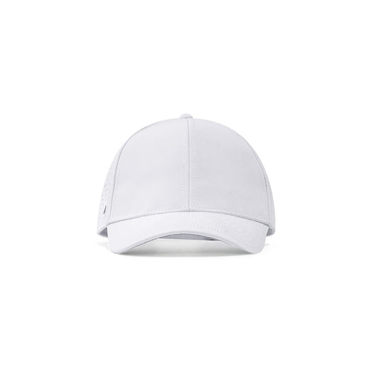 White Pursue Performance Cap front view - lightweight snapback running hat with moisture-wicking fabric