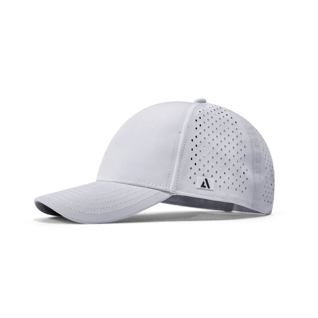 White Pursue Performance Cap side profile - adjustable snapback closure and breathable mesh panels