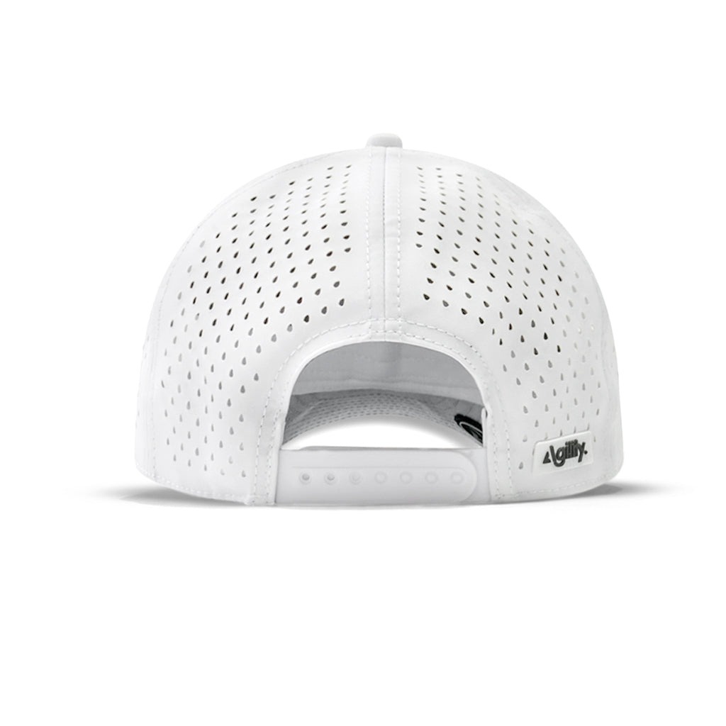 White Pursue Performance Cap — moisture-wicking fabric for long-distance running in Australian heat
