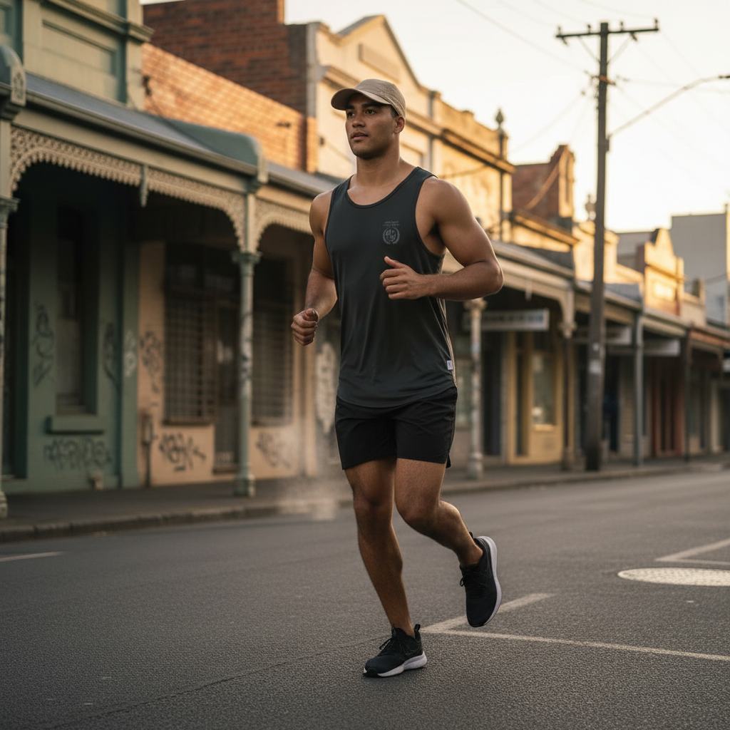 Runner in Agility gear through Sydney city streets at dawn