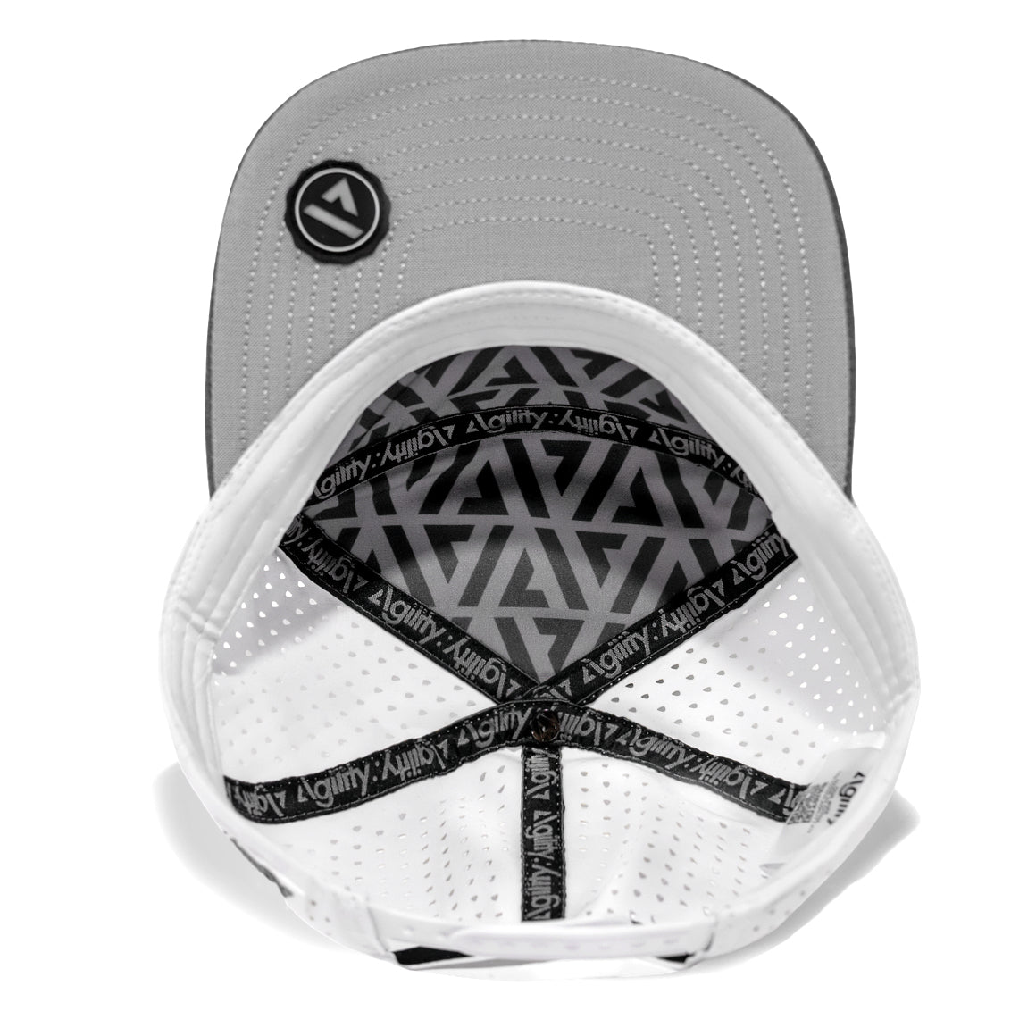 White Pursue Performance Cap by Agility Apparel — UPF 40+ sun protection built for endurance sport
  