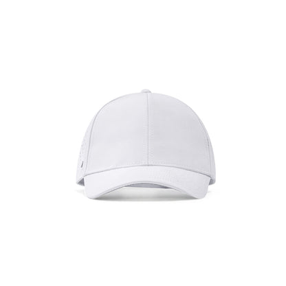 White Pursue Performance Cap front view - lightweight snapback running hat with moisture-wicking fabric